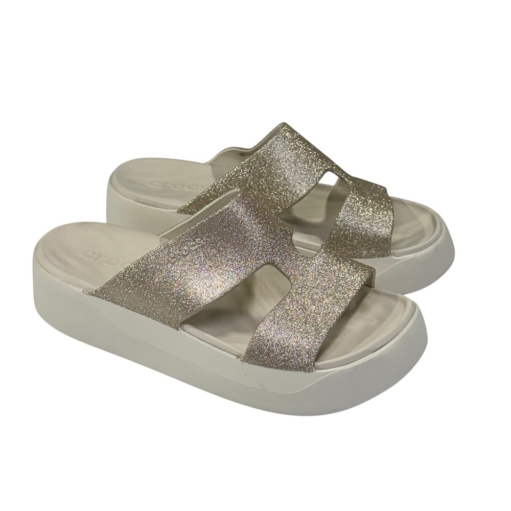 Crocs Getaway Platform H Strap Sandals Womens 8 Gold Glitter Wedge Comfort Glam